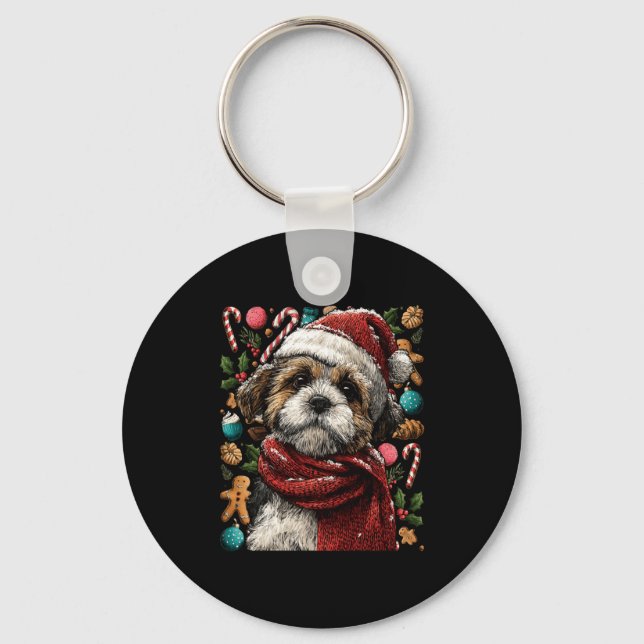 Festive Shih Tzu With Santa Hat Snowy Winter Chris Key Ring (Front)