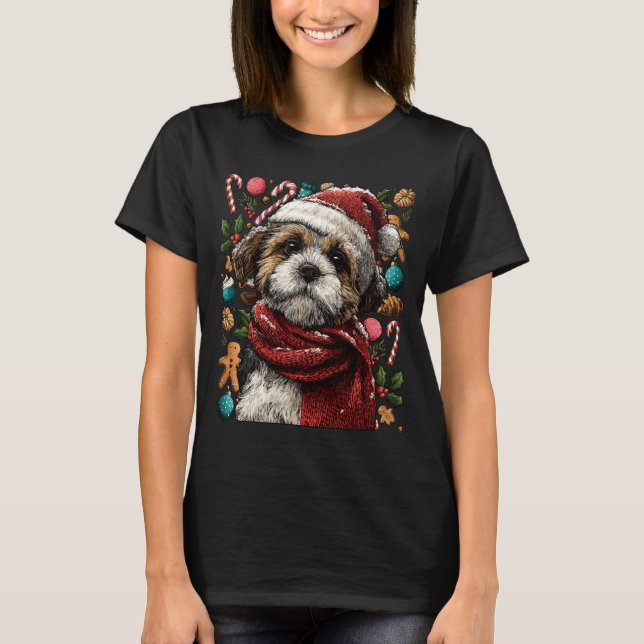 Festive Shih Tzu With Santa Hat Snowy Winter Chris T-Shirt (Front)