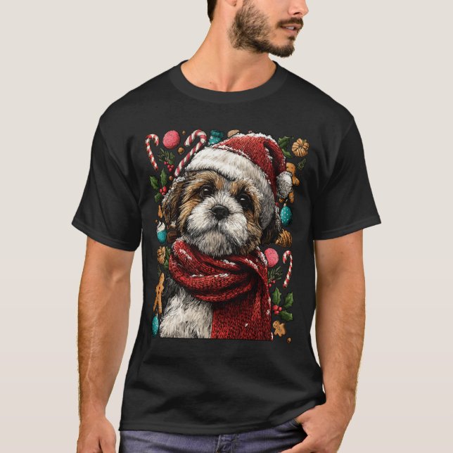 Festive Shih Tzu With Santa Hat Snowy Winter Chris T-Shirt (Front)