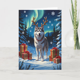 Festive Siberian Husky with Gifts Oil Painting Card