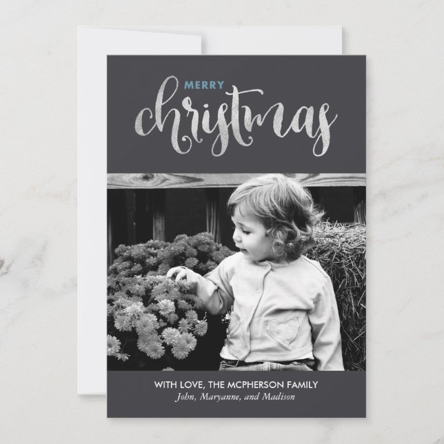 Festive Silver and Blue Christmas Photo Cards (Front)