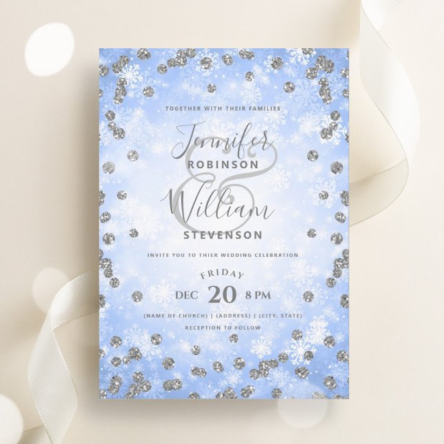 Festive Silver Blue Glitter Winter Wedding  Invitation (Festive Silver Blue Glitter Winter Wedding Invitation)