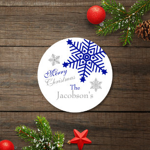 Festive Silver Blue Merry Christmas Snowflakes Classic Round Sticker