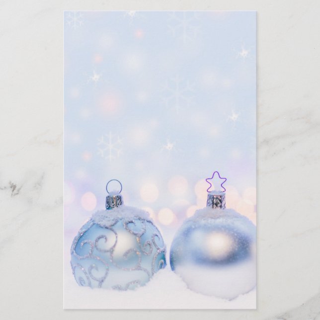 Festive Silver Christmas Balls on Snow Stationery (Front)