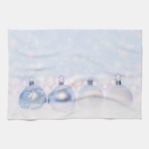 Festive Silver Christmas Balls on Snow Tea Towel