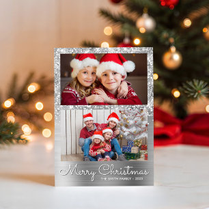 Festive Silver Glam 2 Photo Collage Holiday Card