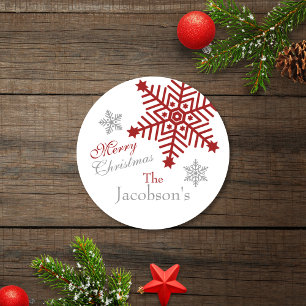 Festive Silver Red Merry Christmas Snowflakes Classic Round Sticker