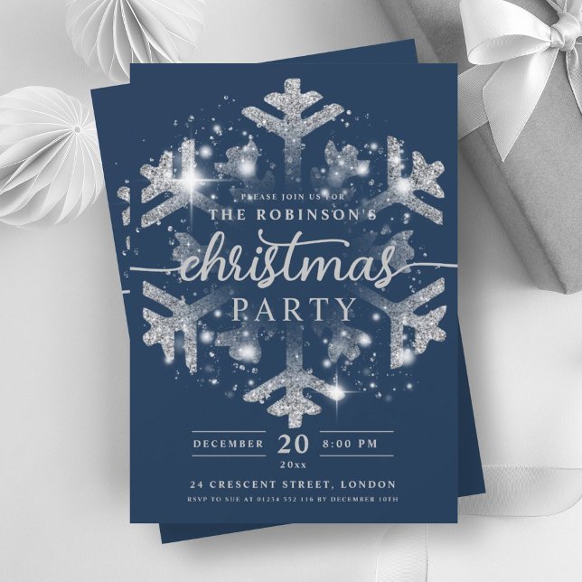 Festive Silver Winter Snowflake Christmas Navy Invitation (Festive Silver Winter Snowflake Christmas Navy Invitation)