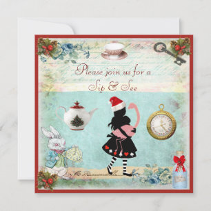 Festive Sip & See Alice & Flamingo Baby Shower Invitation