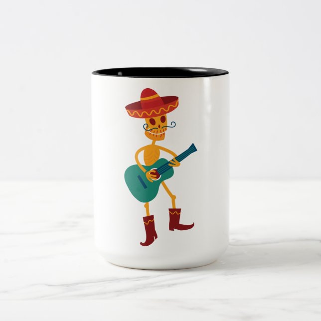 Festive Skeleton Guitar Player Two-Tone Coffee Mug (Center)