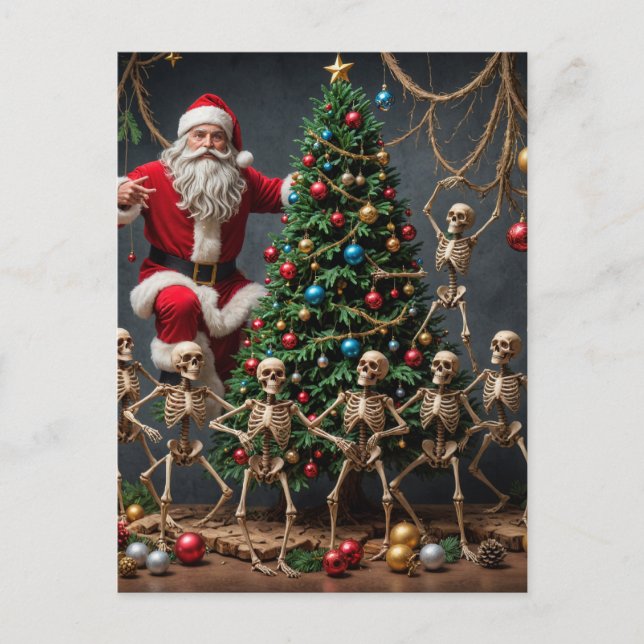 Festive Skeletons Santa Dancing Christmas Tree Postcard (Front)
