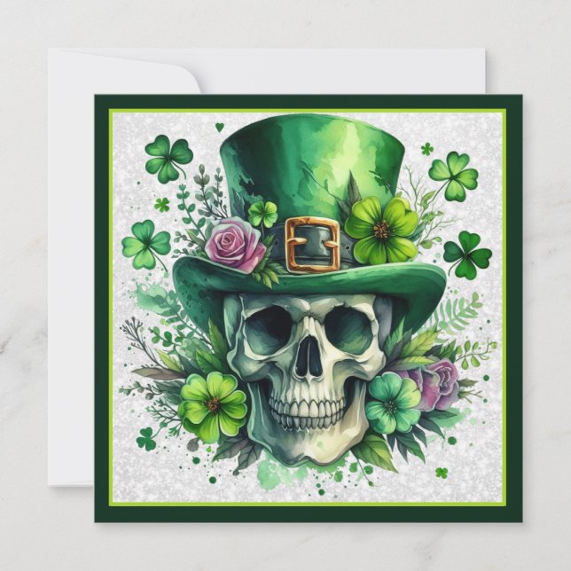 Festive Skull St. Patrick's Day Wishes Holiday Card (Front)