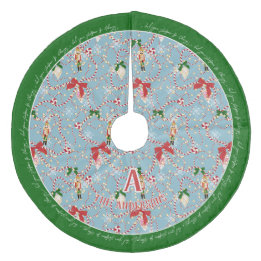 Festive Sky Blue Nutcracker Candy Cane Monogram Fleece Tree Skirt