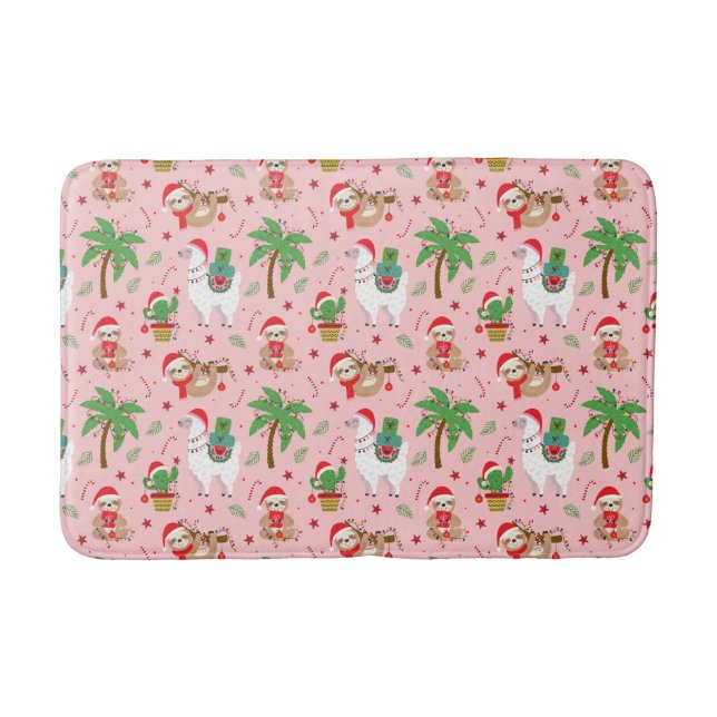 Festive Sloths and Llamas Holiday Pattern Bath Mat (Front)