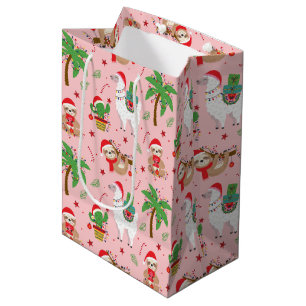 Festive Sloths and Llamas Holiday Pattern Medium Gift Bag