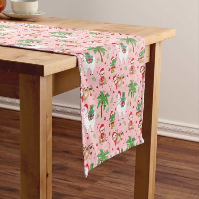 Festive Sloths and Llamas Holiday Pattern Short Table Runner (In Situ)