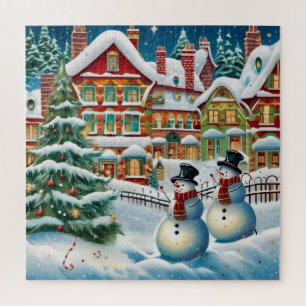 Festive snow-covered village scene. jigsaw puzzle