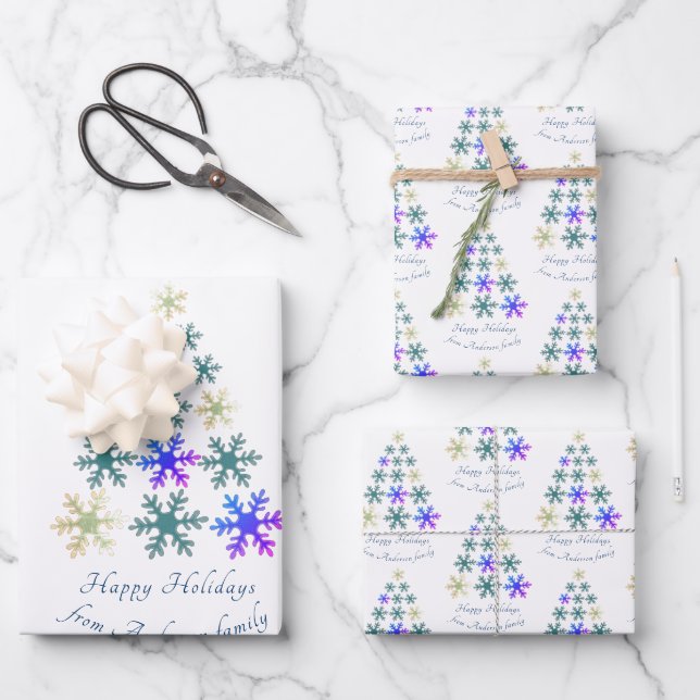 Festive Snowflake Christmas Tree Family Holiday Wrapping Paper Sheet (Front)