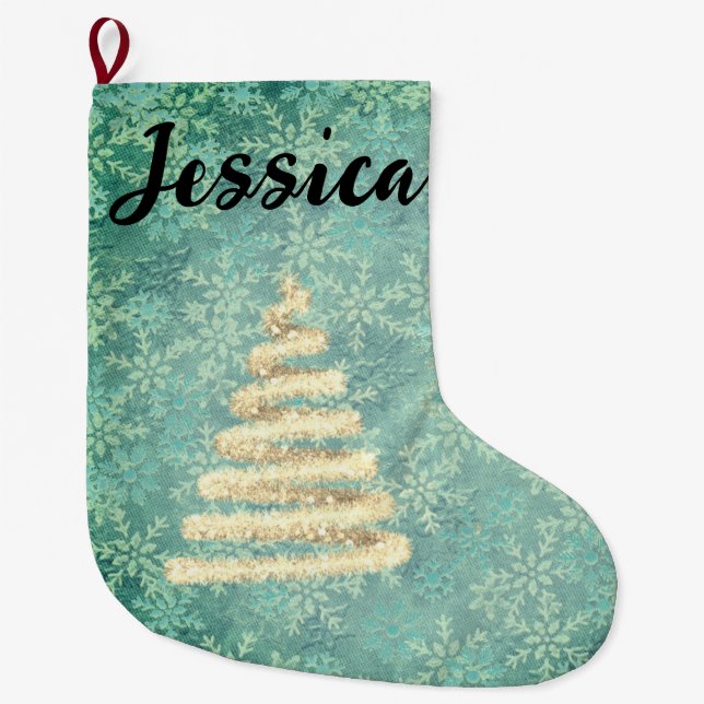  Festive Snowflakes Christmas Tree  Personalised  Large Christmas Stocking (Front)