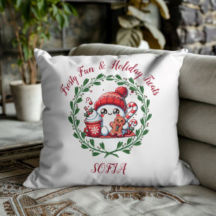 Festive Snowman and Gingerbread Throw Pillow