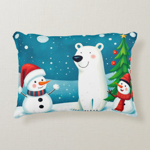 Festive Snowman and Polar Bear Celebrating Winter Decorative Cushion