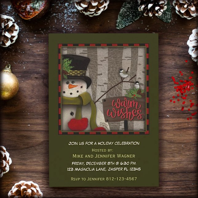Festive Snowman Birds Birch Tree Red Green Holiday Invitation (Creator Uploaded)