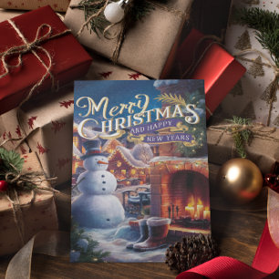 Festive Snowman by Fireplace Postcard