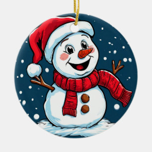 Festive Snowman Cartoon with Santa Hat Ceramic Tree Decoration