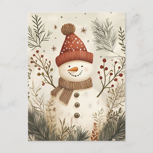 Festive Snowman Christmas Greeting Postcard (Front)