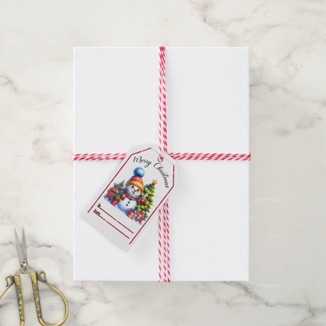 Festive snowman Christmas tag with gifts and tree (With Twine)