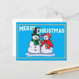 Festive snowman couple with candy cane Holiday Postcard