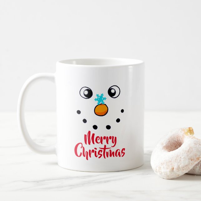 Festive Snowman Face Merry Christmas Coffee Mug (With Donut)