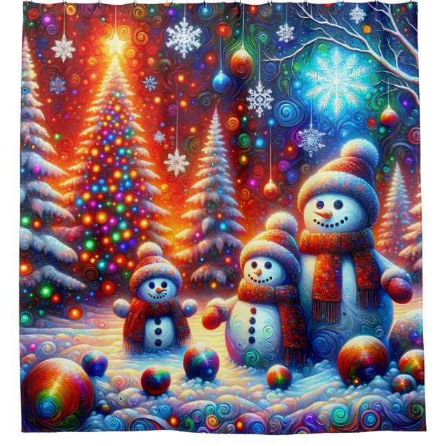 “Festive Snowman Family Portrait” Shower Curtain (Front)