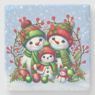 Festive Snowman Family Stone Coaster