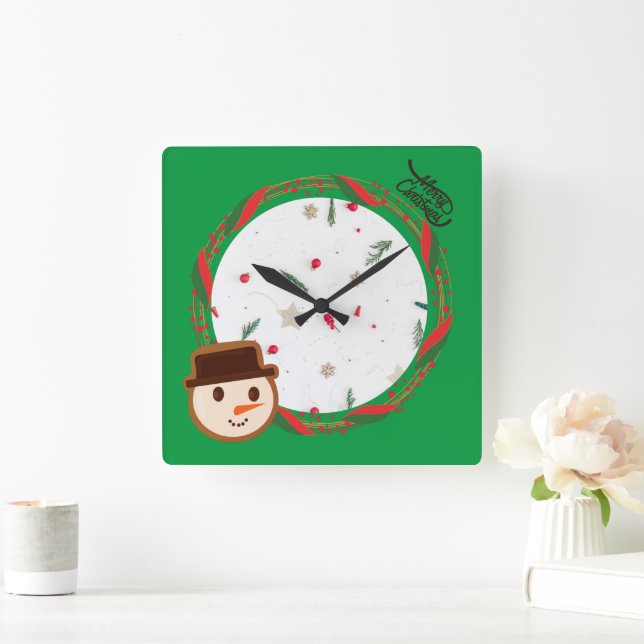 Festive Snowman Green Christmas Square Wall Clock (Home)