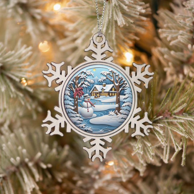 Festive snowman Holiday  Snowflake Pewter Christmas Ornament (Tree)