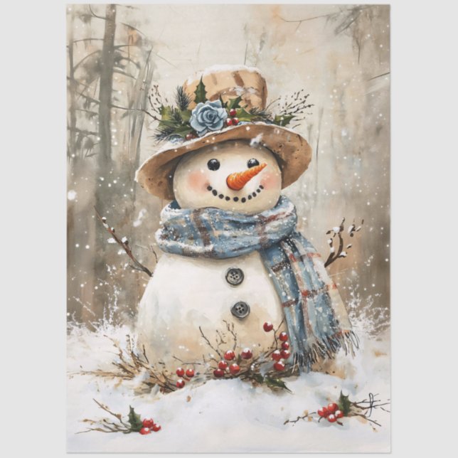 Festive Snowman in Forest Decoupage Tissue Paper (Front)