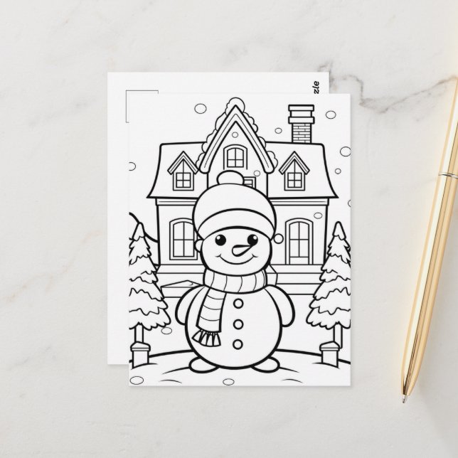 Festive snowman kids colouring  postcard (Front/Back In Situ)