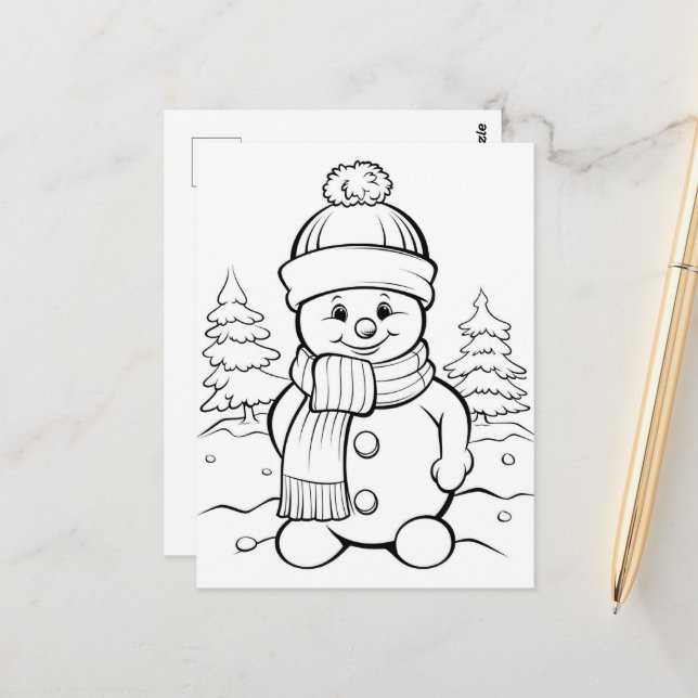 Festive Snowman kids colouring postcard (Front/Back In Situ)