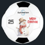 Festive Snowman Monogrammed Merry Christmas Soccer Ball<br><div class="desc">Enhance your seasonal soccer games with this festive football. The ball pictures a friendly snowman in watercolor style, accompanied by a number and 'Merry Christmas' greeting in red lettering. Personalise with the lucky recipient's initial and name, which will be displayed prominently as a monogram. You can also edit the number...</div>