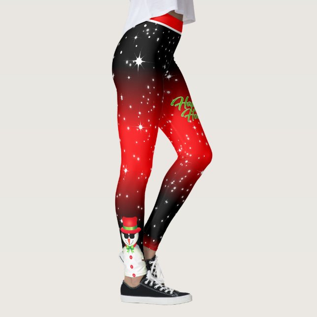 Festive Snowman on Black and Red Starry Holiday Leggings (Right)