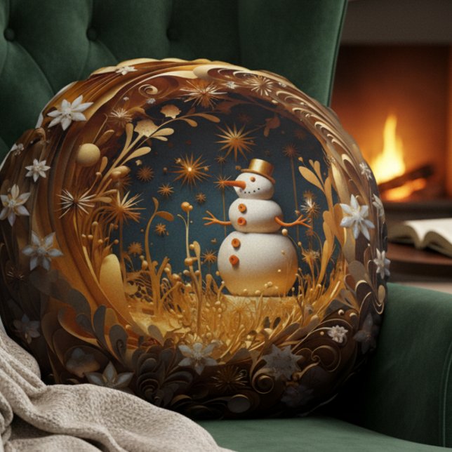 Festive Snowman Round Cushion (teal gold winter wonderland snowman festive throw pillow Christmas gift, cozy home accent)