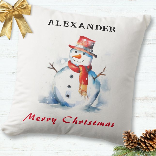 Festive Snowman Whimsical Custom Merry Christmas Cushion (A personalized festive throw pillow, with snowman picture and Merry Christmas greeting)