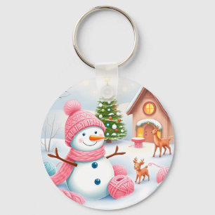 Festive Snowman with Deer in a Winter Wonderland Key Ring