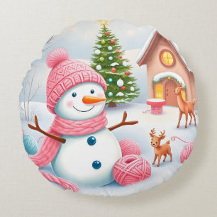 Festive Snowman with Deer in a Winter Wonderland Round Cushion
