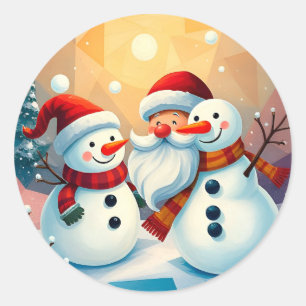 Festive Snowmen and Santa Enjoying Classic Round Sticker