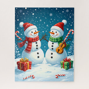 Festive Snowmen with Candy Canes and Gifts Jigsaw Puzzle