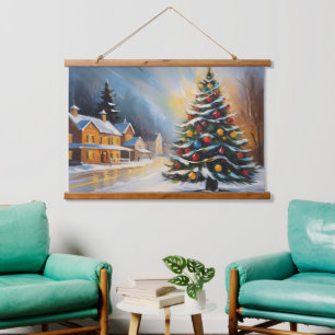 Festive Snowy Cabin with Christmas Tree Hanging Tapestry