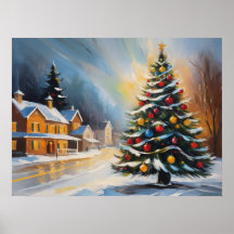 Festive Snowy Cabins with Christmas Tree