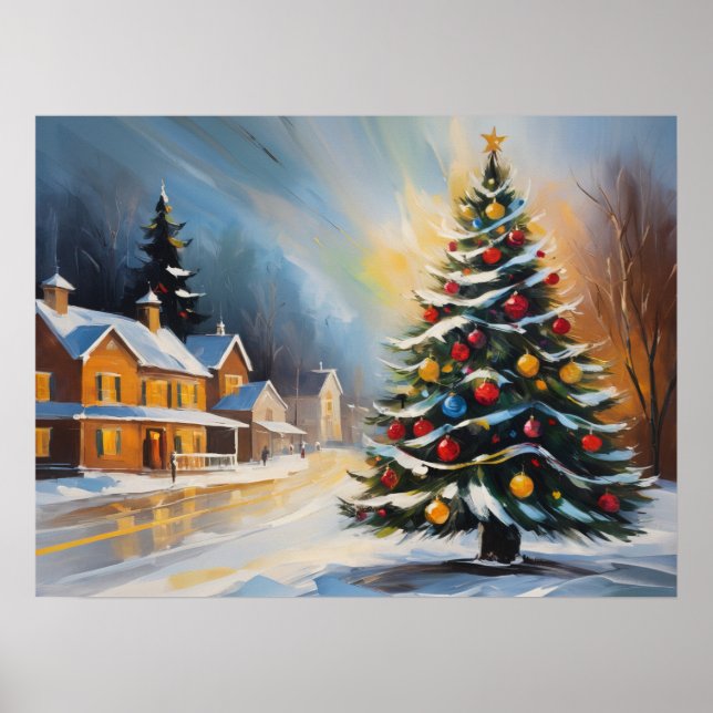 Festive Snowy Cabins with Christmas Tree  Poster (Front)
